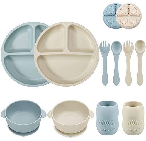 PandaEar Silikon Baby Geschirrset mit Saugnapf, 2 Unterteilt Kinderteller + 2 Saugnäpfe Baby Breischale + 2 Baby Trinkbecher mit 2 Babylöffel 2 Gabel, Kindergeschirr Set, Baby Essen Set Zubehör