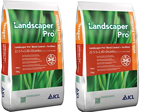ICL Rasendünger mit Unkrautvernichter und Langzeitwirkung gegen Unkraut Landscaper Pro Weed Control 22+05+05 (+2,4D +Dicamba) (2x 10kg für 1000m²)