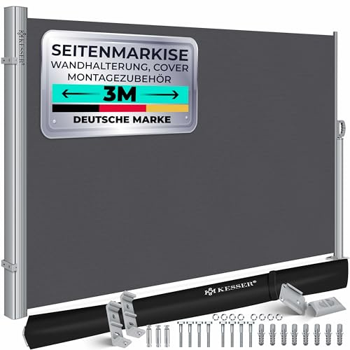 KESSER® Alu-Seitenmarkise Ausziehbar & Blickdicht 300 x 180 cm | Garten-Sichtschutz & Windschutz mit Aufrollautomatik für Balkon & Terrasse | Seitenrollo inkl. Regencover mit Wandhalterung Dunkelgrau