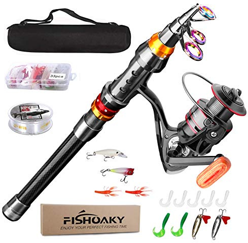 Angelrute Set Komplett, FISHOAKY Carbon Fiber Angelruten Teleskoprute und Spule Combo Kit mit Angelschnur Angelköder Set und Tragetasche für Kinder Erwachsene Salzwasser Süßwasse Fishing, 1,8M