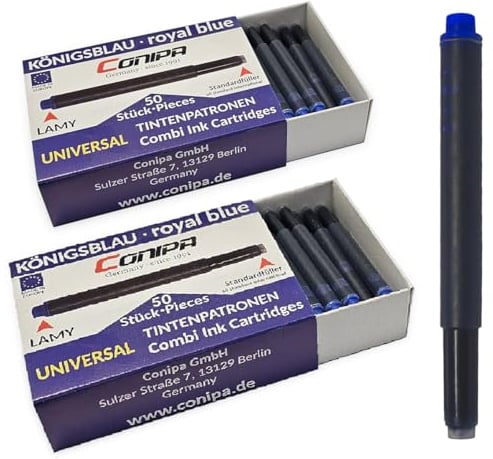 Conipa® - 100er Set Universal Tintenpatronen (KÖNIGSBLAU) löschbar für Füller kompatibel mit Lamy, Pelikan, Stabilo & Online-Füller - Ersatz-Patronen Blau für alle Modelle - Füllerpatronen je 1,25ml