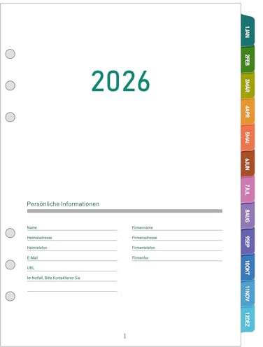 2026 Wochenplaner Einlage A5 6 Löcher, Deutsch, 1 Woche 2 Seiten mit Farbig Tabs, Jan bis Dez 2026, 100 gsm Dicker Papier, Kalendereinlagen für Kalender 2026 Planer