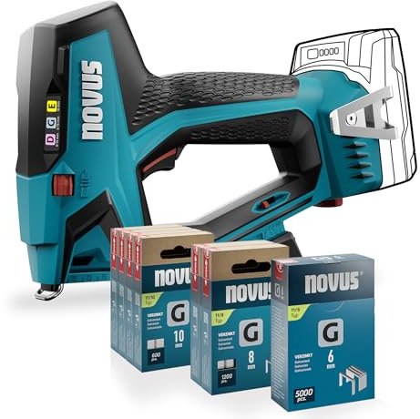 NOVUS TOOLS Akku Tacker J-551 Set mit 9.800 Klammern │ Für Flachdrahtklammern 6-14 mm und Nägel 16 mm │ Kompatibel mit 18V Li-Ion CAS Akku │ Ohne Akku und Ladegerät │ Profi-Tacker für Holz