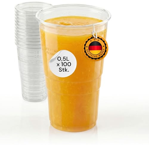 LogiPack GeRo 100 Stück Plastikbecher – Trinkbecher mit Eichstrich 0,5l | Einwegbecher aus Hartplastik (PP), transparent | Bierbecher & Partybecher – Kunststoffbecher