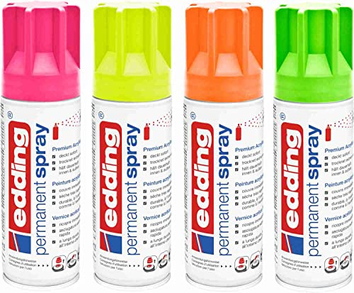 Permanent Spray edding 5200 neon-pink-gelb-orange-grün 4x200ml Set - hochdeckender Acryllack Lackieren & Dekorieren mit Ersatzsprühköpfen