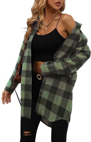 Jhsnjnr Damen Flanell Kariertes Hemdbluse Knopfleiste V Ausschnitt Oberteile Longshirt Oversize Karohemd Langarmshirt
