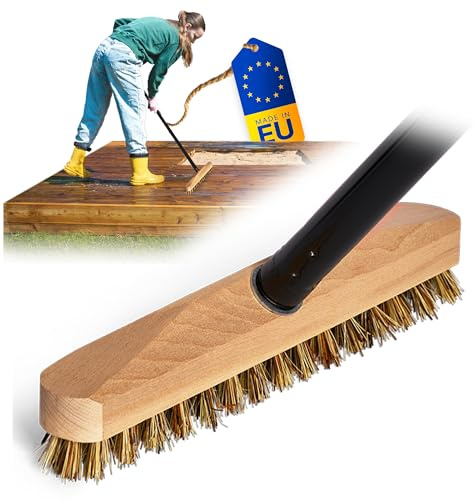 Schrubber aus Holz mit Borsten Wischer mit Gewinde und Schraub- Steckstiel vierteilig Scheuerbürste Union Boden Bürste Ideal für Reinigung Balkon Terrasse Garten Innen Außenbereich