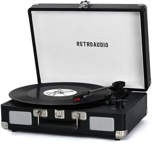 Vinyl-Plattenspieler 3-Gang Bluetooth tragbarer Koffer-Plattenspieler mit Riemenantrieb und 2 integrierten Stereolautsprechern Vinyl Vintage-Schallplattenspieler mit RCA-Line-Out, AUX-Out (Schwarz)