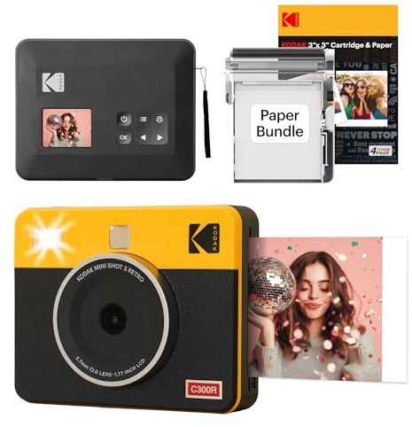 Kodak Mini Shot 3 Retro 4PASS 2-in-1-Sofortbildkamera und Fotodrucker, Tragbar (7,6 x 7,6 cm) + Paket mit 38 Blatt, Gelb