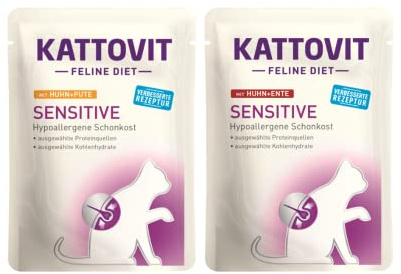 Kattovit Feline Diet Sensitive Bundle 20x 85g / 10x Huhn&Ente und 10x Huhn&Pute/Zur Minderung von Ausgangerzeugnis- und Nährstoffintoleranzerscheinungen + Miamor Cream Sachet GRATIS