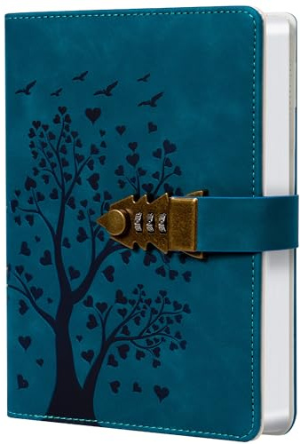 HwxBen Herzförmiger Baum Tagebuch mit Schloss – 244 Seiten, A5 (5.8“ x 8.4”), PU-Leder, Tagebuch mit Zahlenschloss Lesezeichen – Pfauenblau – Ideal für Notizen, Planer und kreatives Schreiben