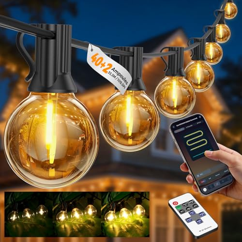 Lichterkette Außen 33,3M/109.25FT - Outdoor LED Lichterketten Aussen Strom | Steuerung per App & Fernbedienung, Timer & Dimmbar, Draußen Garten Beleuchtung(40+2 Glühbirnen), 6,4M Zuleitung, Wetterfest