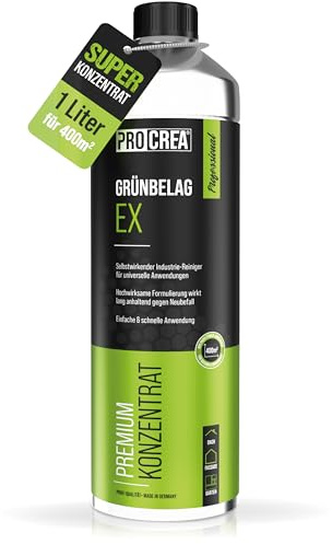 PROCREA® Premium Grünbelagentferner Grünbelag Ex [für bis zu 400 qm] Hochwirksames Profi-Konzentrat für Grünspan, Stein, Holz, Moos, Flechten, Stoff uvm. - 20-fach verstärkt - Selbstwirkend