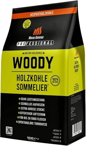Holzkohle Sommelier® Woody 10kg, Rauchfreie Holzkohle, Feinstaub reduziert nach PM10 & PM2,5! Hochdosierte Holzkohle für wundersame Grillergebnisse und geschmackliche Überlegenheit. Kamado Plus!
