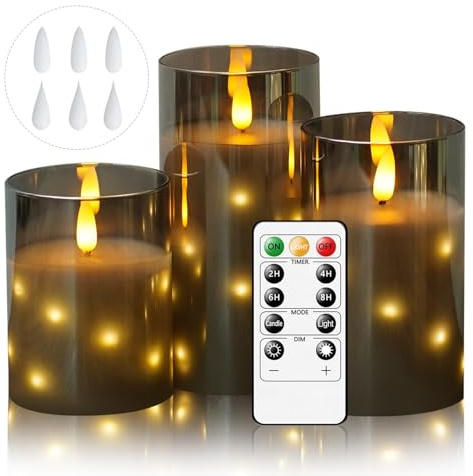 Cnulenzt Glas Flammenlose LED Kerzen, Batteriebetriebene mit eingebetteter Sternschnur-Lichterkette, led kerzen Mit Fernbedienung und Timer, Home Dekoration, Echtes Wachs, 3er-Set（Grau）