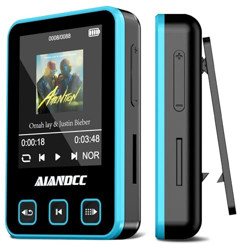 MP3 Player Bluetooth 5.3, Sportclip und Armband, FM-Radio, 34 Stunden Akku | MP3 Player mit 1,77-Zoll-TFT-Farbdisplay, inklusive Kopfhörern, unterstützt microSD-Karten bis 128 GB, Blau