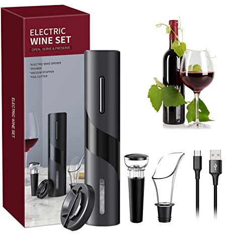 Elektrisches Weinflaschenöffner-Kit, Kabelloser Elektrischer Korkenzieher, Automatische Weinöffner Flaschenöffner mit Folienschneider, Vakuumstopfen und Weinausgießer für Familien,Partys (Schwarz)