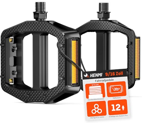 HENMI Fahrradpedale rutschfest 9/16 Zoll | StVZO Zugelassen Reflektoren, Pedale Set mit Abgedichtete Lager für E-bike,Trekking, MTB, Rennrad