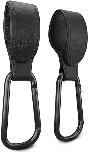 Baby Uma Kinderwagenhaken aus veganem Leder (2er-Pack) - Universelle Kinderwagen Haken für Taschen, Rutschfeste Klettverschlüsse, Stabile Karabinerhaken mit 5 kg Tragkraft (Schwarz)
