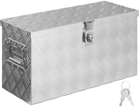 XPOtool Alu Kiste 60x25x30 cm mit Deckelüberstand verschließbar aus Aluminium Riffelblech, Truckbox, Werkzeugbox mit 2 Schlüsseln - Deichselbox Werkzeugkiste