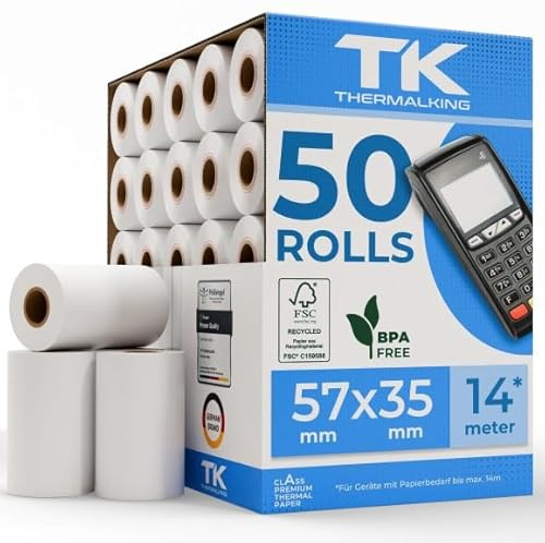 THERMALKING EC Cash Rollen Thermopapier 57mm x 35mm x 12mm - Thermorollen 57x35x12 für EC & Kredit-Kartenlesegeräte - Thermal Rolls for EC Device - Für Systeme bis 14m Papierbedarf (50 Stk)
