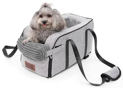 Hunde autositz,Mittelkonsole für Hunde Katzen,kleine Stabiler hundeautositz mit Gurt,Abnehmbarer Waschbar hundesitz für Katzen mittlere Hunde bis 3 kg (Moiré)