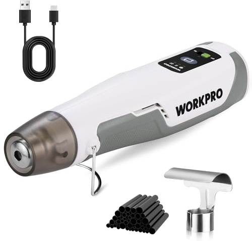 WORKPRO 8V Mini Heißluftpistole mit 4000mAh Akku, 300℃/450℃ Heiztemperatur 30s Schnellaufheizen, Mini Heißluftfön mit Reflektordüse und 50 Stk. Schrumpfschläuche für DIY, Reparaturen & Bastelarbeiten