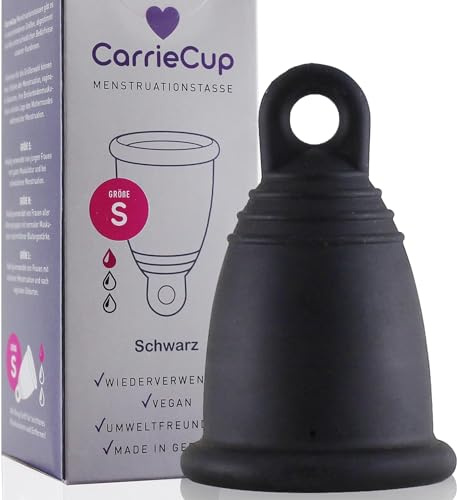CarrieCup Menstruationstasse klein, Made in Germany inkl. Beutel - BPA-frei, Alternative zu Tampons und Binden, silikonfrei, Menstrual Cup schwarz