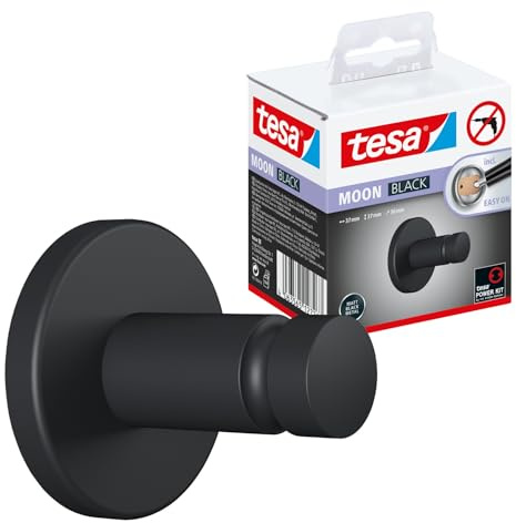 tesa Moon Black Handtuchhaken - 37 mm x 37 mm x 36 mm | Runder Bad-Haken zur Wandbefestigung ohne Bohren - Matt schwarz, aus pulverbeschichtetem Metall - inkl. Klebelösung