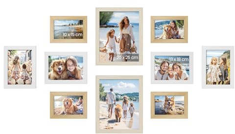 SONGMICS Bilderrahmen 10er Set, für 2 Fotos in 20 x 25 cm, 4 Fotos in 13 x 18 cm, 4 Fotos in 10 x 15 cm, Kunststoffscheibe, MDF, natureichenfarben, wolkenweiß, naturbeige RPF310K02