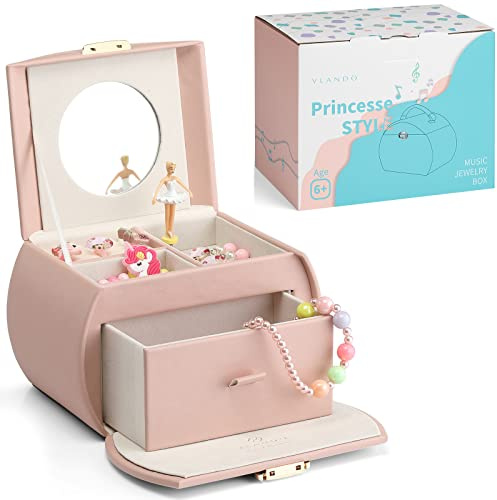 VLANDO Schmuckkästchen Mädchen,Groß Schmuckkasten Kinder mit Ballerina | Spielzeug Geschenk Mädchen mit DIY Aufkleber, Schmuckaufbewahrung mädchen mit Schubladen Spieluhr,Cremerosa