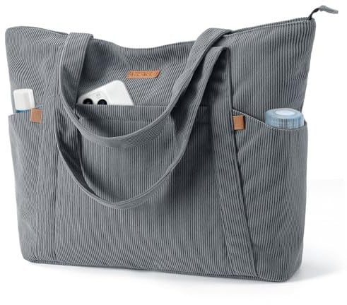 Lekespring Cord Tasche Damen, Groß Tote Bag Strandtasche mit Reißverschluss, Shopper Tasche Damen Laptoptasche mit 17 Zoll Laptopfach, Elegant Handtasche Umhängetasche für Arbeit Schule Gym-Grau