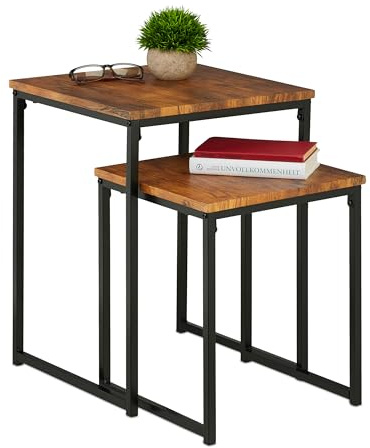 Relaxdays Beistelltisch 2er Set Metall quadratisch, braun/schwarz