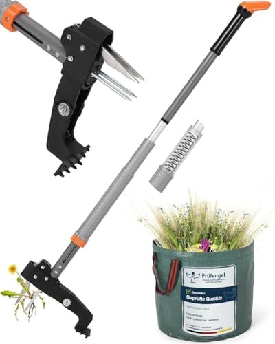 HAUSPROFI Unkrautstecher mit Stiel Teleskop (Länge 91 CM-117 cm) + 50L Gartensack, Unkrautausstecher mit 4 Edelstahl Krallen, Automatisches Zurückspungsdesign