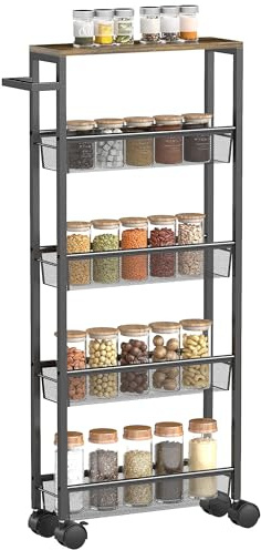 HOMCOM Küchenwagen Servierwagen mit 5 Ebenen, Schmaler Rollwagen Küchenregal mit Arbeitsplatte in Holzoptik, Rollen, Griff, Metallrahmen, für Esszimmer, 47 x 13 x 96,5 cm, Schwarz