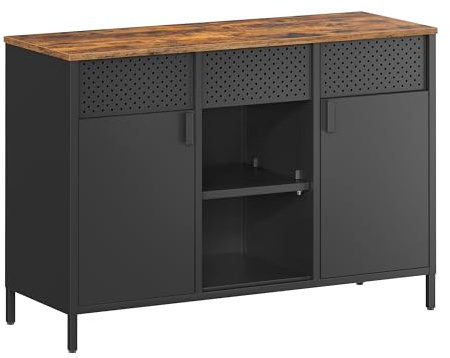 SONGMICS Aufbewahrungsschrank, Metallschrank, verstellbare Einlegeböden | Sideboard, Schrank mit Doppeltür, Magnetverschluss, Stahlgestell, mattschwarz-rustikales braun, BRAVON Kollektion LSC204B01