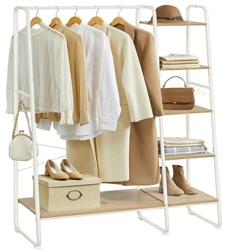 VASAGLE Kleiderständer, Garderobenständer, 45 x 120 x 160 cm Garderobe, Kleiderstange, Schuhablage, offener Kleiderschrank, 6 Haken abnehmbar, Schlafzimmer Flur, eichenfarben-mattweiß RGR116W09