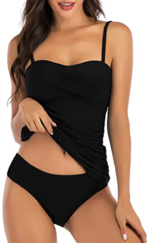 Yutdeng Tankini Damen Bauchweg Push Up Badeanzug Ruched Tankini Oberteil mit Abnehmbarer Verstellbarer Schultergurt Bademode Set Zweiteiler mit Slip Badeanzüge für Damen Swimsuit