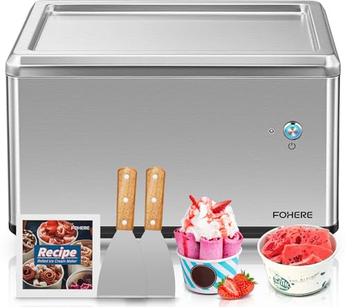 Selbstkühlende Roll-Eismaschine für Zuhause mit Kompressor, Soft Eis in nur 3 Mins, One-Touch Bedienung, Vielfältige Sortenwechsel, Gesunde Selbstgemachte Ice Cream Rolls, Rezept, 2 Spachteln, FOHERE