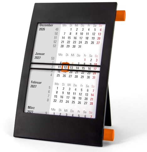 3-Monatskalender Tisch 2027 2028 - Büro & Homeoffice Tischkalender mit Drehmechanik - 2-Jahres-Kalender - schwarz/orange - Truento