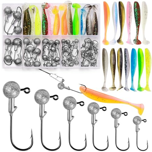 Annyswit 58 Stk / 6 Größen Jigköpfe mit Gummifische 10g / 7g / 5g / 3,5g / 1,8g / 1g Angelhaken mit Rund-Bleikugeln Zweifarbiger realistischer Softbait Köder Angelköder für Süßwasser Salzwasser Barsch