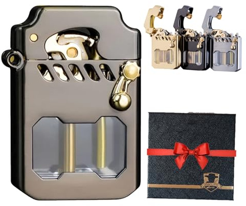Metal Rocker Feuerzeug, Retro Transparent Benzinfeuerzeug, Benzin Feuerzeug Metall Ist Langlebig, Mit Transparentem Kraftstofftank, Winddicht (Schwarz)