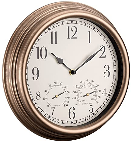 Navaris Outdoor Wanduhr analog - mit Thermometer und Hygrometer Anzeige - 30,5 x 4,9cm - runde Uhr zum Aufhängen ohne Ticken - Deko Garten Wand Uhr