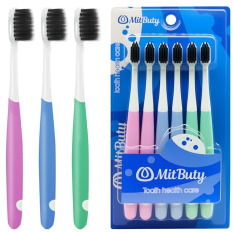 MitButy Zahnbürste Weich, 6er-Pack, Handzahnbürste für Erwachsene, Weiche Zahnbürste mit Aktivkohle, Konische Borsten, Kompakter Bürstenkopf und Ergonomischer Griff