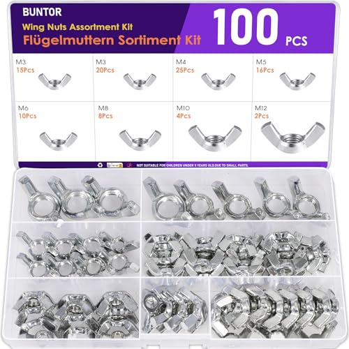 100 Stücke Flügelmutter, BUNTOR Kohlenstoffstahl Flügelmuttern Sortiment Kit, M3/M4/M5/M6/M8/M10/M12 Schmetterlingsmutter für Heimwerker DIY Tools, Elektronische Geräte