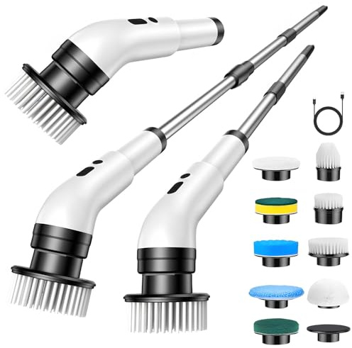 Journeyside Elektrische Reinigungsbürste, Electric Spin Scrubber Schnurlos mit 9 Bürstenkopfe & Verstellbarem Griff, IPX7 Putzbürste Elektrisch 3 Modi Tiefe Reinigen von Fliesen,Küche,Grille,Glas