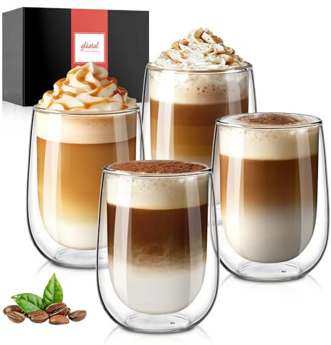 glastal 350ml Doppelwandige Latte Macchiato Gläser 4er Set Borosilikatglas Kaffeetassen Glas Kaffeeglas Teegläser für Cappuccino,Latte,Tee,EIS,Eistee,Iced Americano,Milch,Saft,Bier