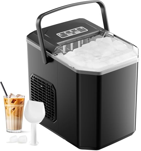 Eiswürfelmaschine, 12 kg in 24 Stunden, 9 Eiswürfel in 6 – 8 Minuten, Eiswürfelmaschine mit umkehrbarem Eislöffel und Tragegriff, für Zuhause/Küche/Camping