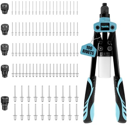 Meiwaltee 13” Nietenzange Set mit 100 Nieten für Blindnietzange 6,4mm -2,4mm und 5 Auswechselbaren Mundstücken, Profi Handnietzange Geeignet Popnietenzange Set für Automobil-Möbel-Instrument