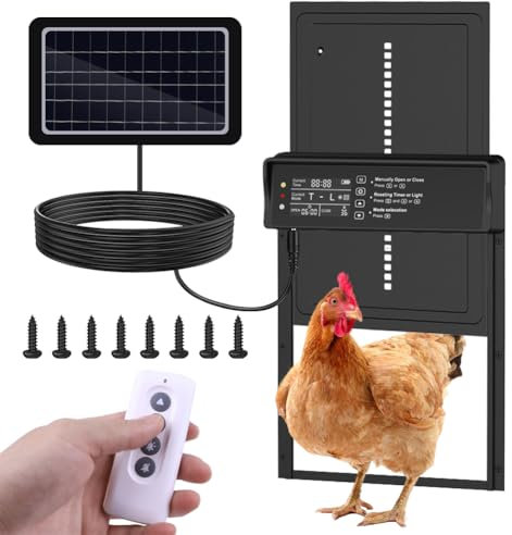 Aluminum Automatische Hühnerklappe Solar, Elektrische Hühnerklappe Automatisch mit Timer, LCD Display,Fernbedienung,Intelligenter Einklemmschutz,Lichtempfindlich, Hühnertür Automatisch für Hühnerstall